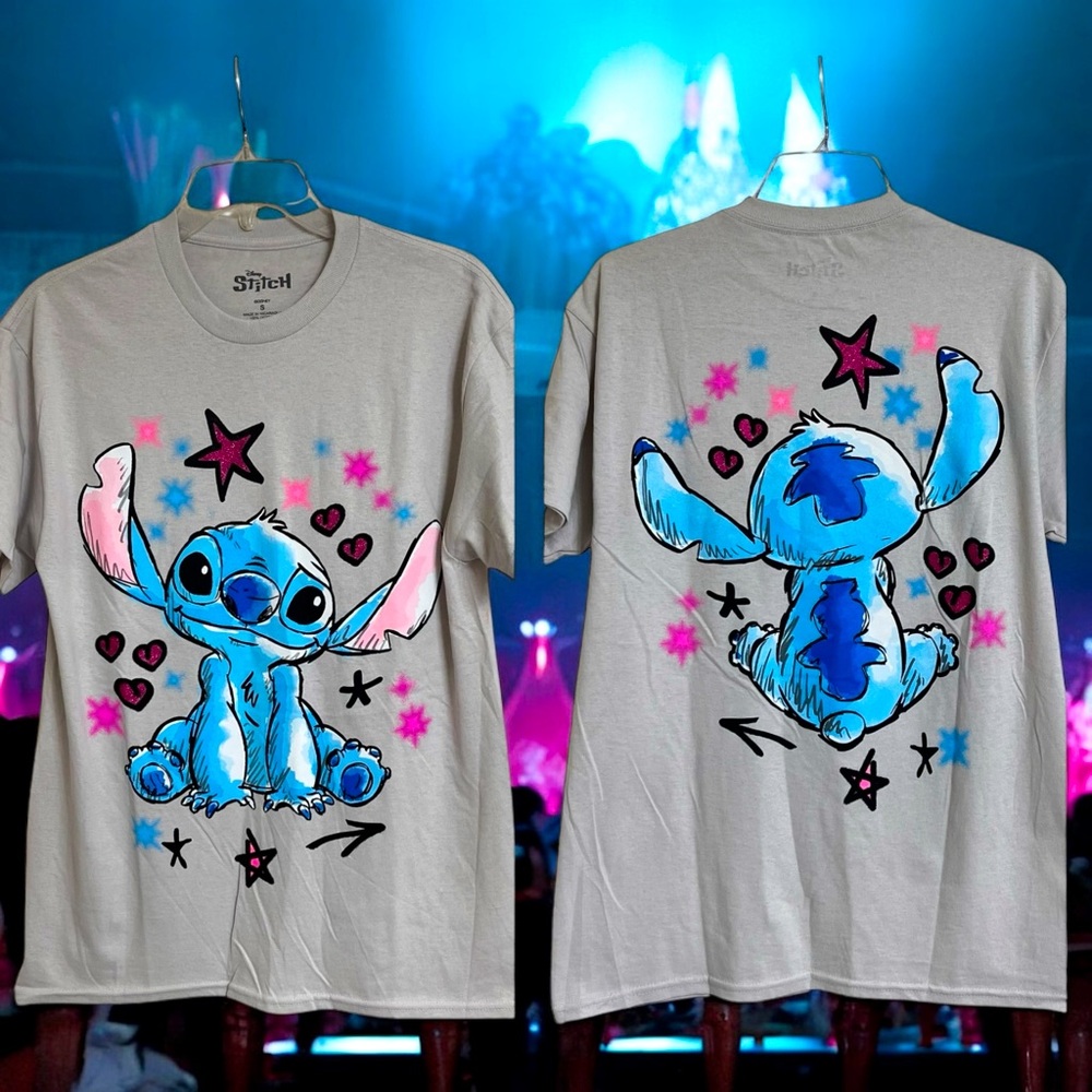 Disney Women Stitch T-shirt Size S Gray Glitter Stars & Hearts LILO & STITCH New